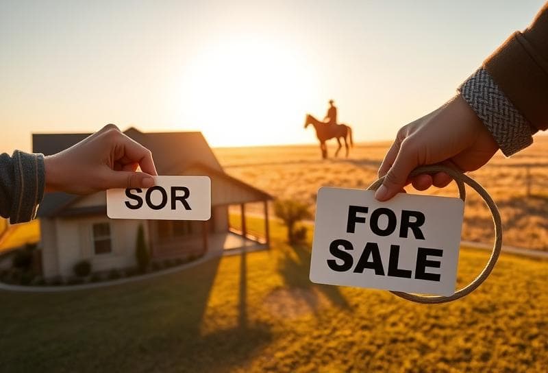 Modern Houston suburban home with a For Sale sign being removed, cowboy silhouette on prairie,