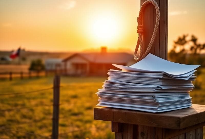 Texas ranch home with a waving flag, lasso, and property tax documents under golden hour.