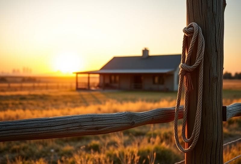 Sunset Texas ranch with Houston skyline, lasso on fence, symbolizing property tax decisions for commercial properties