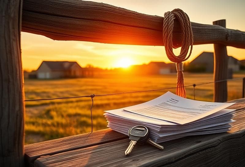Sunset Texas ranch with property tax documents, house keys, and lasso symbolizing ad valorem tax