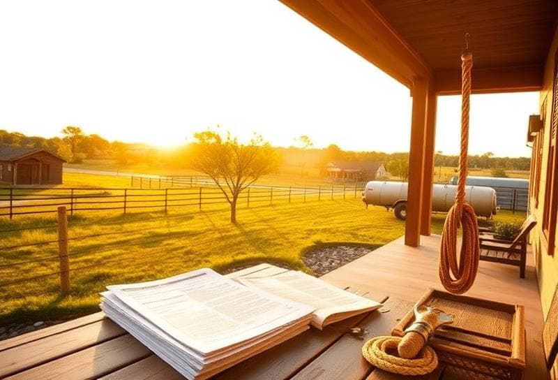 Sunlit Texas ranch with suburban home, property tax documents, and lasso, highlighting rental income tax