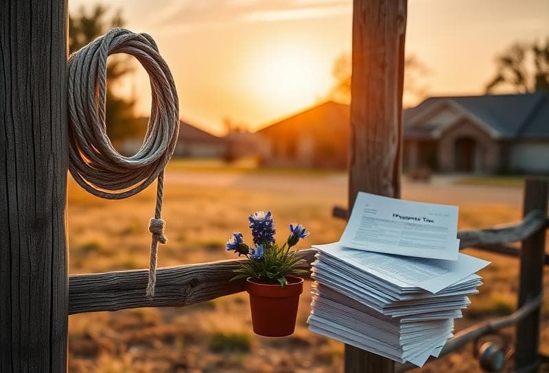 Golden hour Texas ranch with Houston suburbs, lasso on fence, property tax documents, and bluebonnets