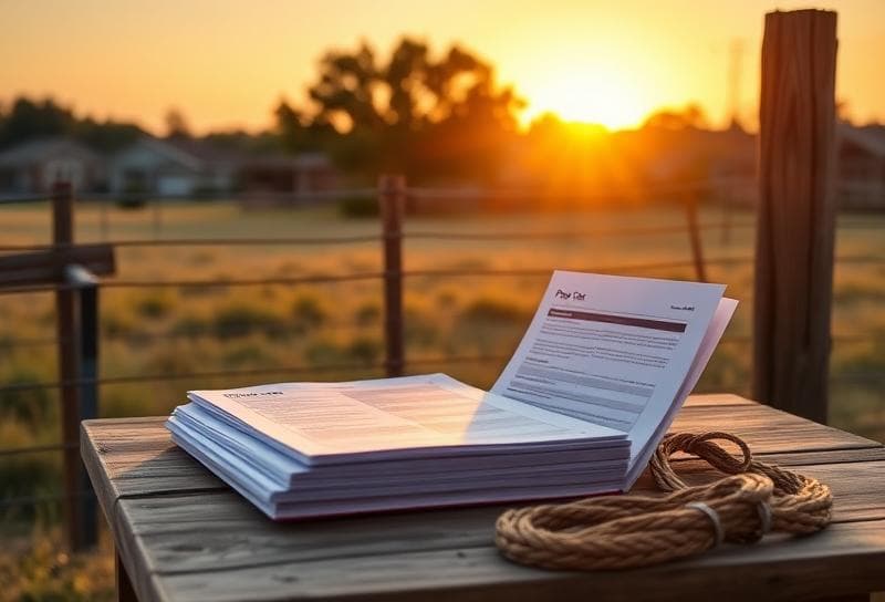 Texas ranch sunrise with property tax documents, lasso, and Houston suburbs in the background.