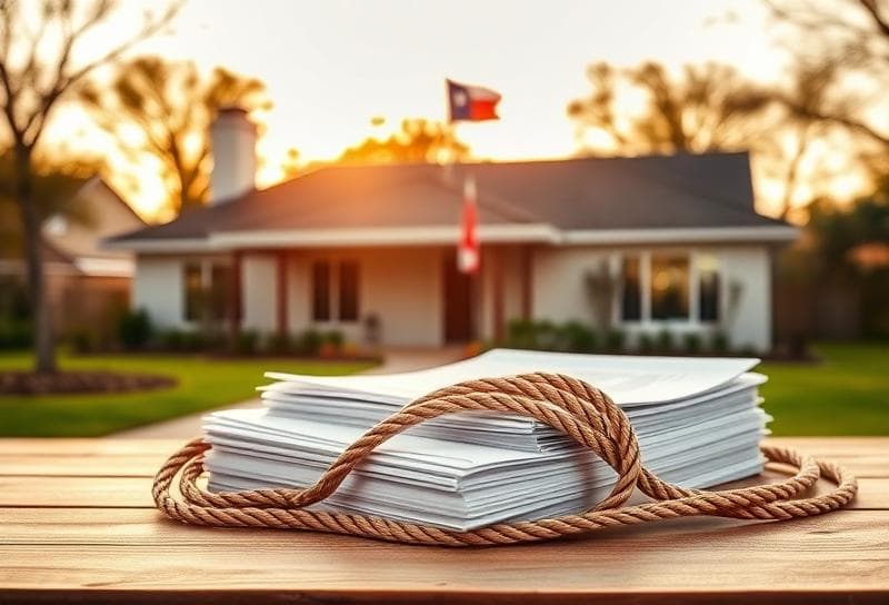 Modern Houston ranch-style home with property tax documents, lasso, and Texas flag, symbolizing commercial tax solutions