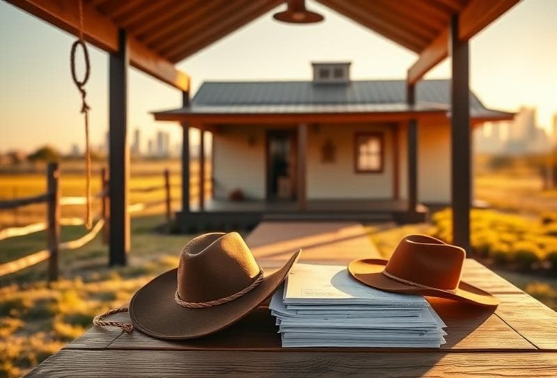 Texas ranch home with Houston skyline, property tax documents, and cowboy hat on porch.