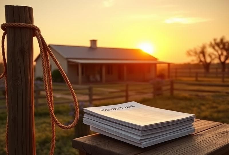 Texas ranch sunset with lasso, property tax documents, and native bluebonnets symbolizing strategic tax savings.