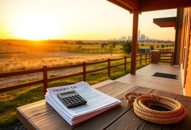 Texas ranch sunset with property tax documents, calculator, and lasso on a rustic porch, Houston