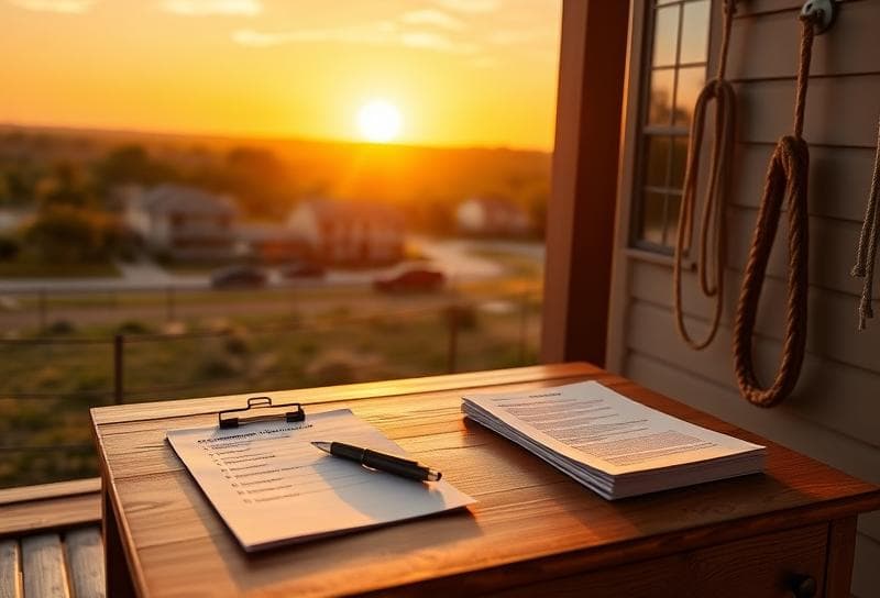 Texas ranch sunrise with Houston suburb, desk with property tax documents and lasso, ready for