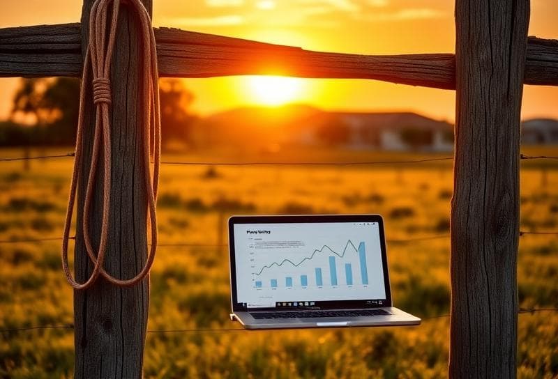 Texas ranch sunset with property documents, laptop graph, and lasso on a wooden fence, emphasizing