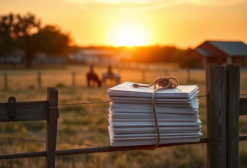 Sunset Texas ranch with property tax documents and lasso, symbolizing state sales tax number requirements