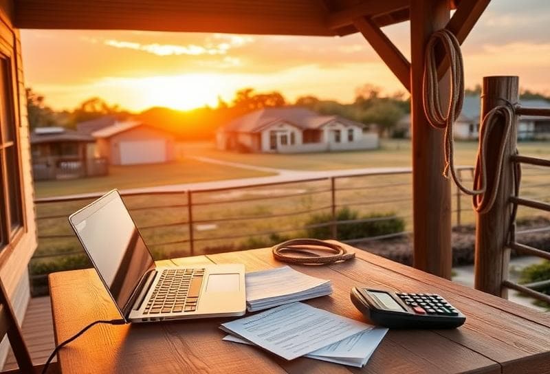 Sunset Texas ranch with Houston suburb, desk with property tax documents, and lasso on fence