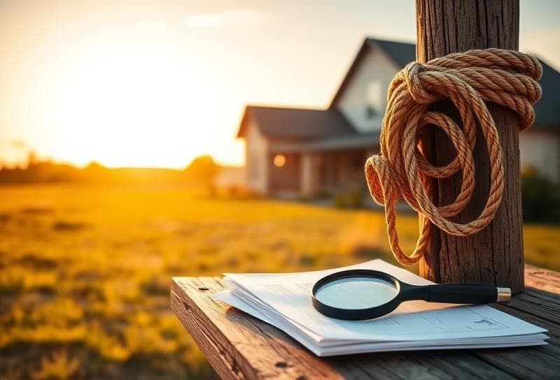 Coiled lasso on a wooden fence post with property documents and magnifying glass, symbolizing a
