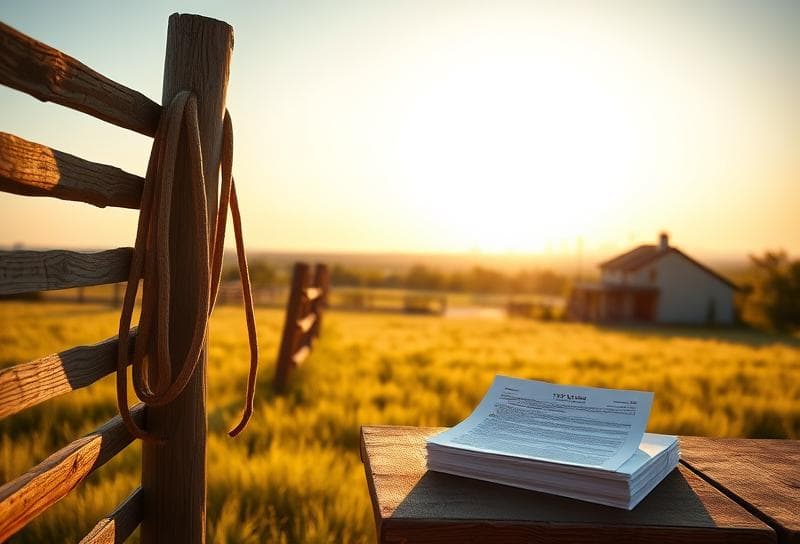 Sunlit Texas ranch with Houston suburban home, lasso on fence, and property tax documents under