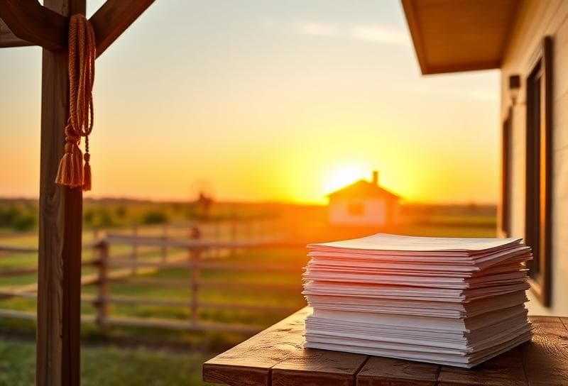 Texas ranch sunset with Houston-style home, property tax documents, and western decor symbolizing estate tax