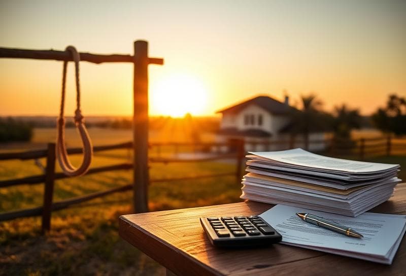 Sunlit Texas ranch with a suburban home, lasso on fence, and property tax documents