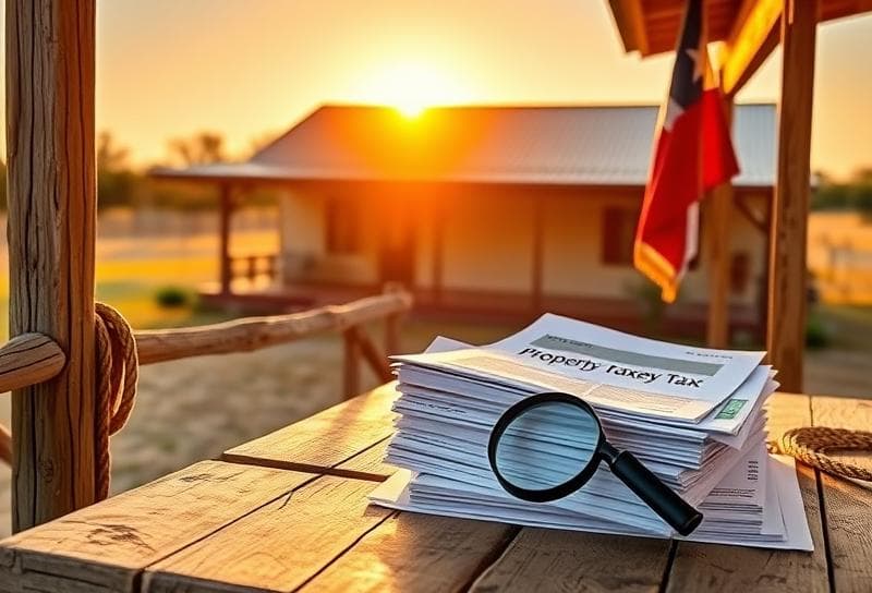 Golden hour Texas ranch with Houston-style house, lasso on fence, and property tax documents