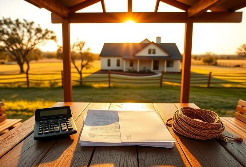 Rustic Texas porch desk with property tax documents, calculator, and lasso for tax computation.