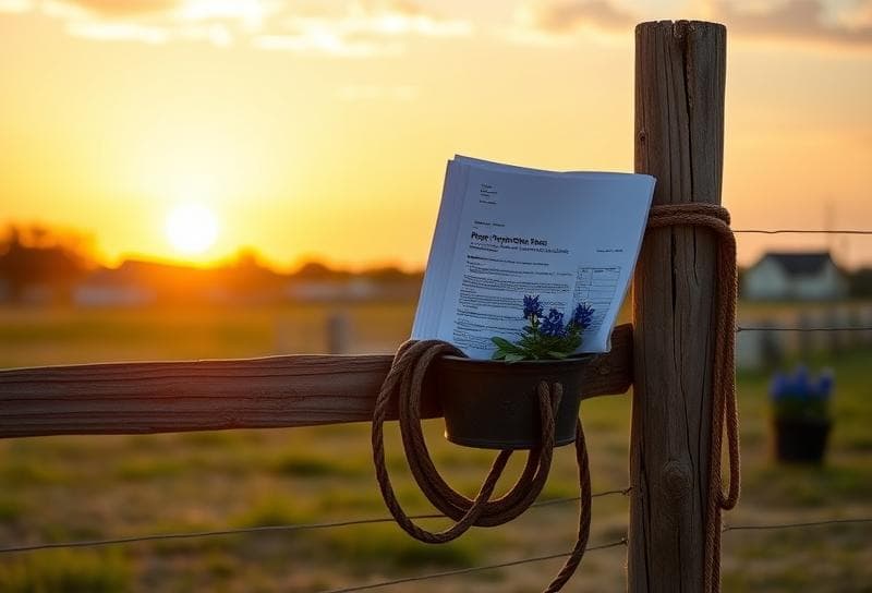 Texas ranch sunset with property tax documents, lasso, and bluebonnets on a wooden fence, symbolizing