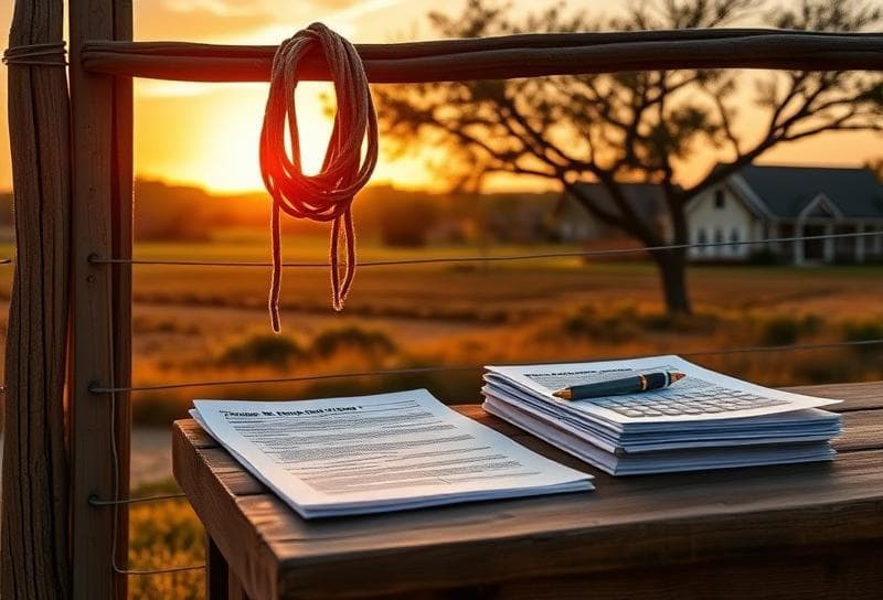 Serene Texas ranch sunset with Houston suburbs, lasso on fence, and property tax documents symbolizing