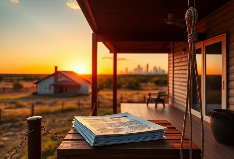Modern Houston-style home on a Texas ranch at sunset, with property tax documents.