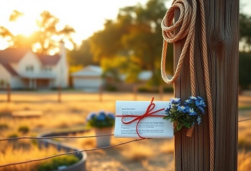 Serene Texas ranch with Houston suburbs, lasso on fence, and property tax document symbolizing tax