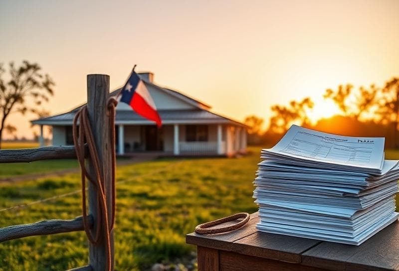 Texas ranch sunset with a modern home, lasso, and property tax forgiveness documents