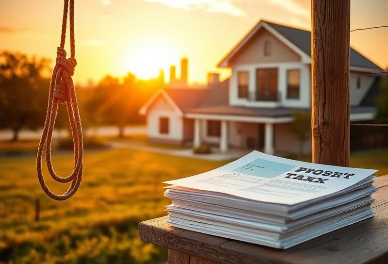 Sunset over a Texas ranch with Houston-style home, lasso on fence, and property tax documents