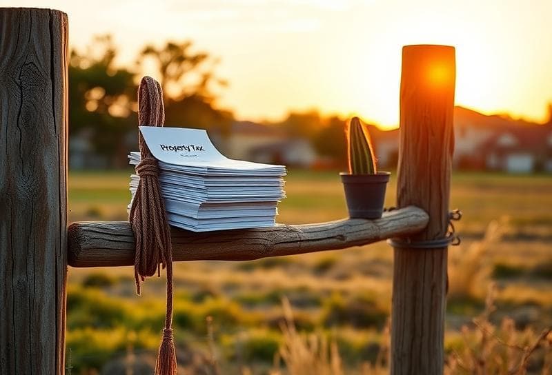 Serene Texas ranch sunset with property tax documents on a weathered fence, lasso, and cactus.