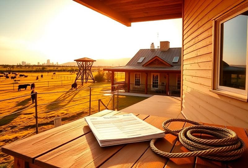 Rustic Texas ranch home with property tax documents and lasso on porch, Houston skyline in