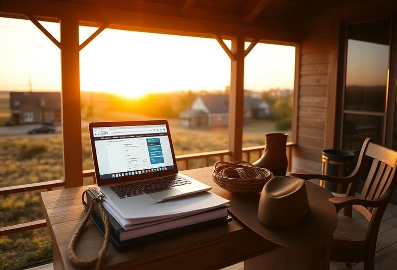 Texas ranch sunset with Houston suburb, desk with sales tax form, lasso, and cowboy boots.