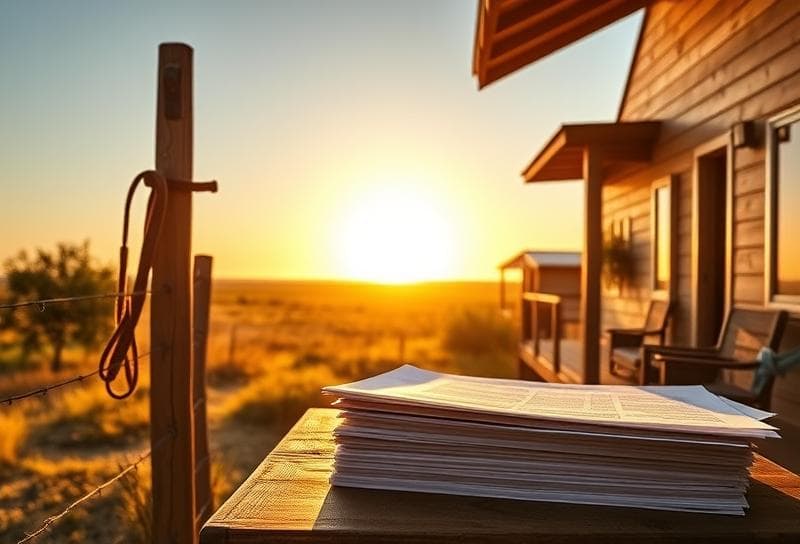 Sunlit Texas ranch with suburban home, lasso on fence, and property tax documents for homestead