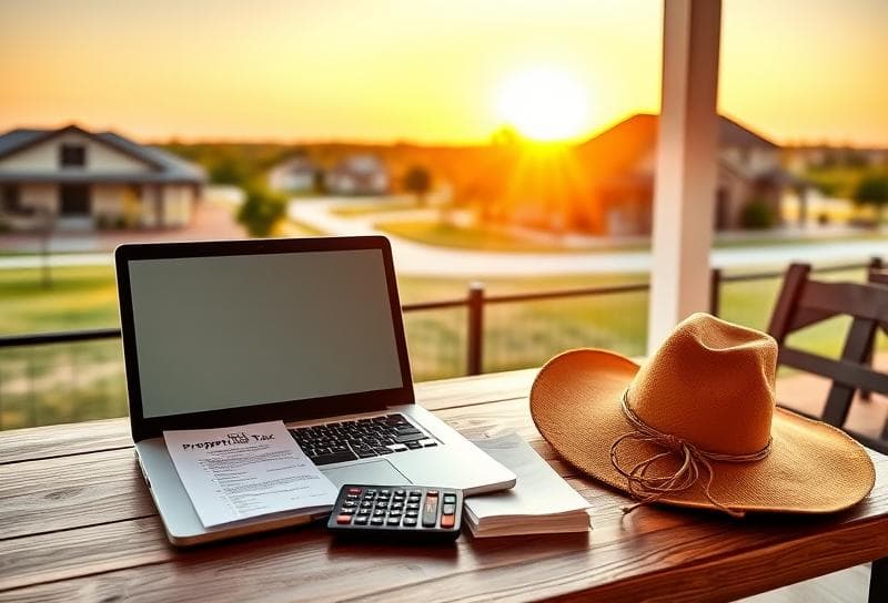 Texas ranch sunrise with Houston suburb, desk with property tax documents, cowboy hat, and lasso