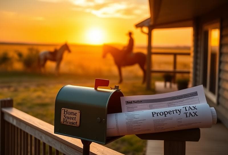 Modern Houston home at sunset with property tax document, cowboy silhouette on golden Texas plains.