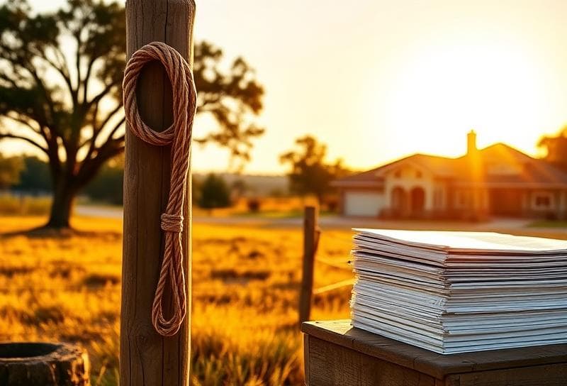 Sunlit Texas ranch with Houston suburban home, lasso on fence, and property tax documents