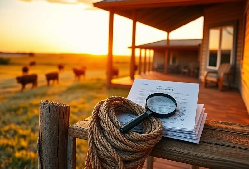Texas ranch sunset with property records on a rustic porch, grazing cattle, and a lasso
