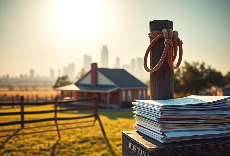 Texas ranch home with Houston skyline, lasso on fence, and property tax documents for homestead