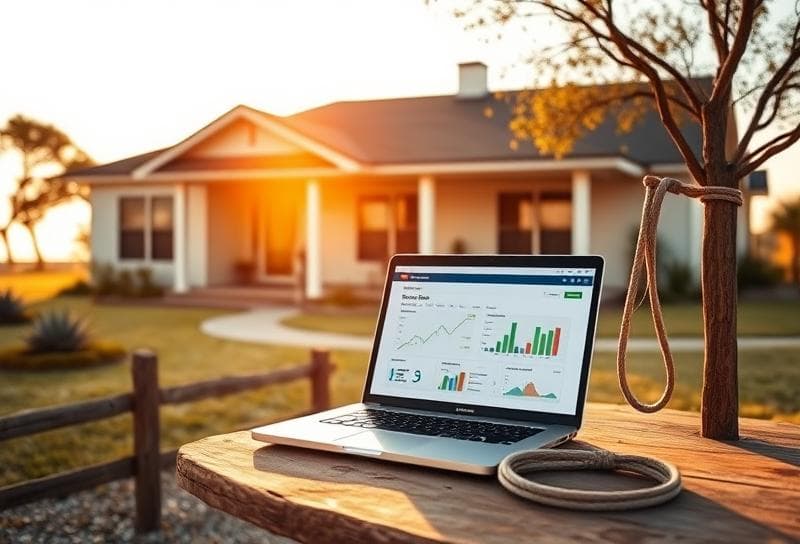 Modern Houston ranch home with native plants, laptop displaying best tax software for real estate