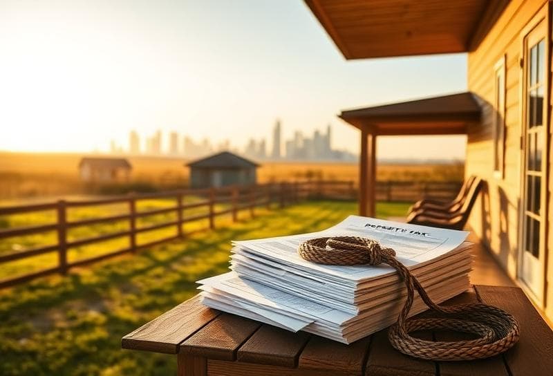 Texas ranch home with Houston skyline, property tax documents, and lasso on porch in Alief.