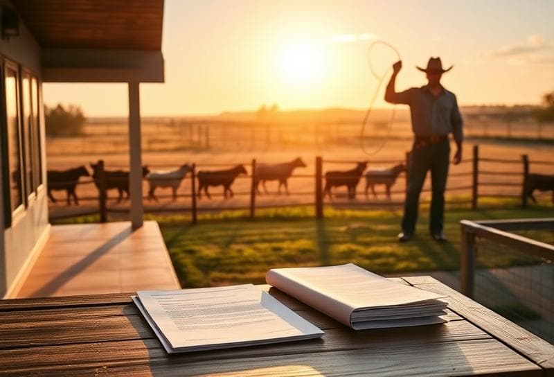 Houston suburban home with Texas ranch backdrop, property documents, and business tax exemption theme.