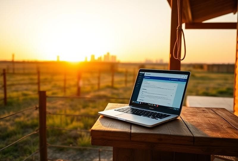 Texas ranch sunset with laptop for pay real estate taxes, Houston skyline in distance, lasso