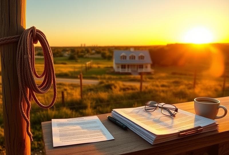 Texas ranch sunset with property tax documents, lasso on fence, and Onwell property tax reviews