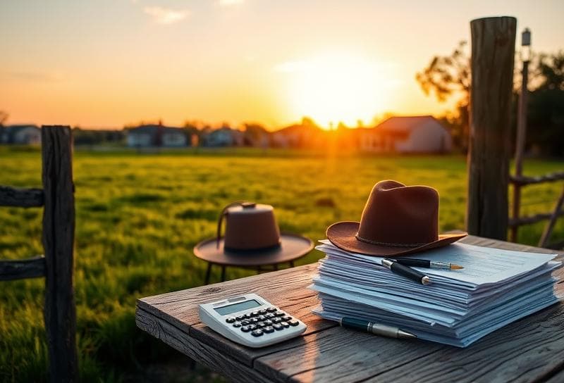 Texas ranch sunset with property tax documents, calculator, and cowboy hat on a wooden fence