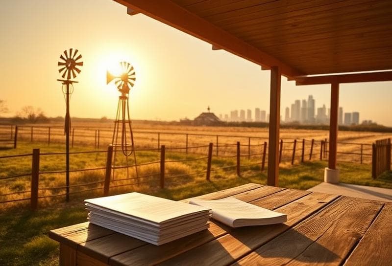 Sunlit Texas ranch with Houston suburban home, lasso, and property tax documents on rustic porch.