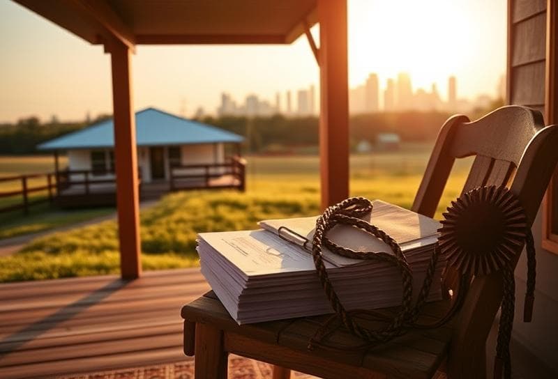 Texas ranch home with Houston skyline, property tax documents, and lasso on porch, symbolizing Texas