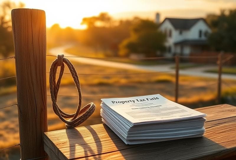 Golden hour Texas ranch with Houston suburbs, lasso on fence, and property tax documents for tax