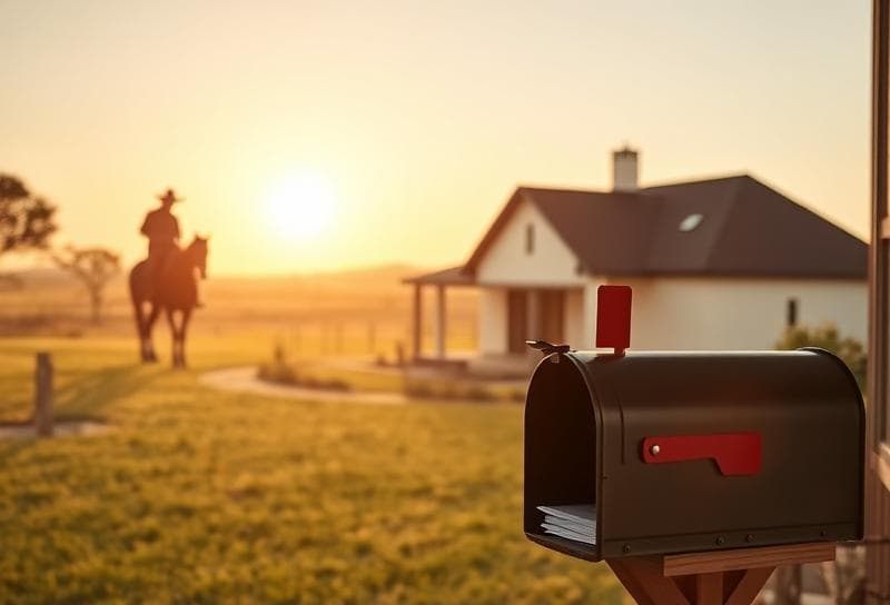 Modern Houston suburban home with property tax documents on porch, framed by Texas ranch landscape