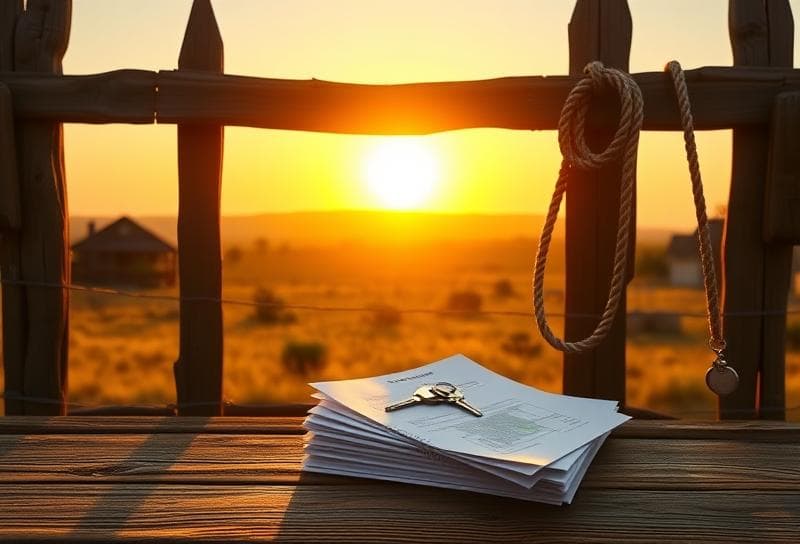 Golden hour Texas ranch with property tax documents, keys, and lasso symbolizing protest property taxes