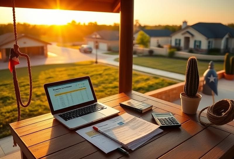 Sunlit Texas ranch porch with laptop, property tax documents, and lasso for rental property accounting.