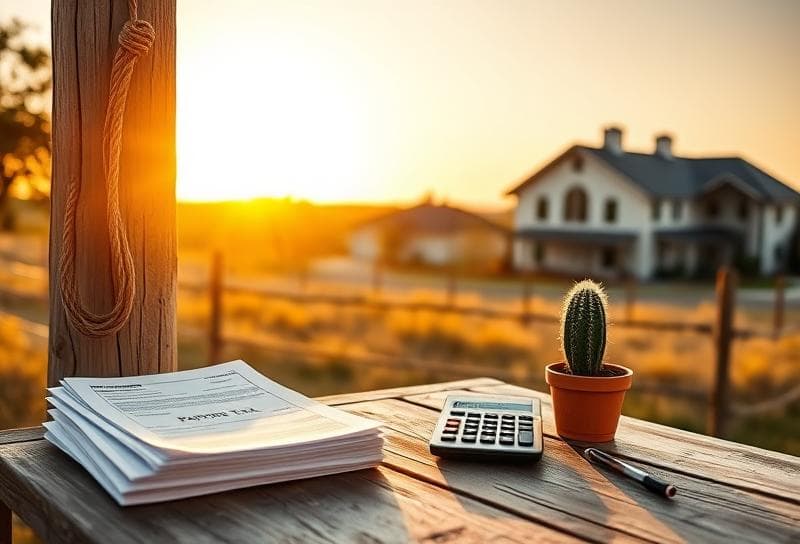 Sunlit Texas ranch with suburban home, lasso on fence, and property tax payment plan documents