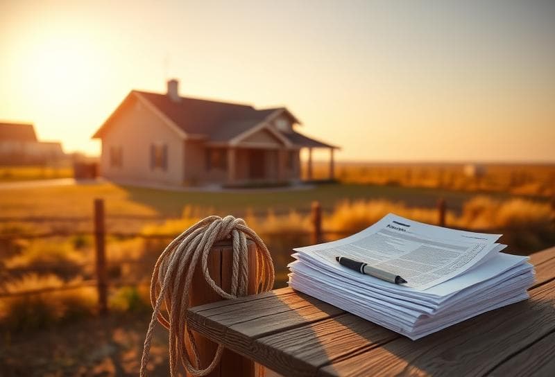 Sunlit Texas ranch with Houston-style home, lasso on post, and property tax documents for 2023